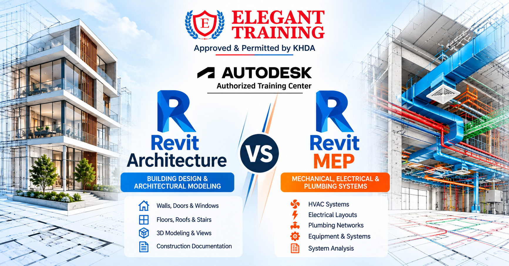 Revit Architecture vs Revit MEP comparison showing architectural building design and mechanical, electrical and plumbing systems